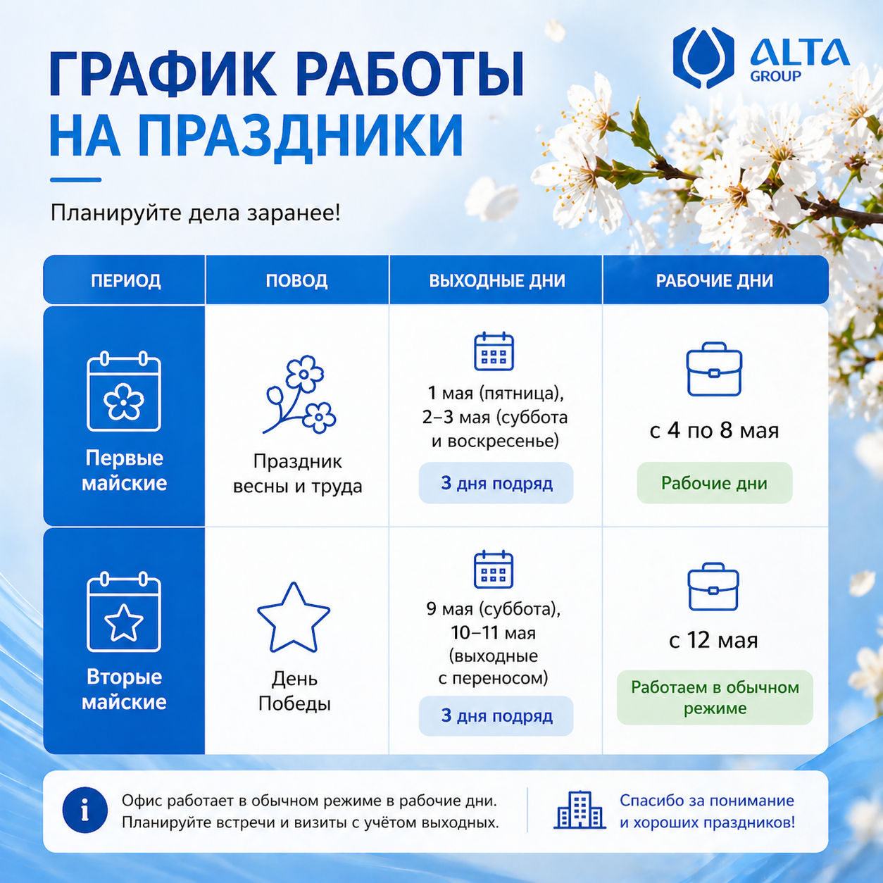 График работы в майские праздники График работы в майские праздники